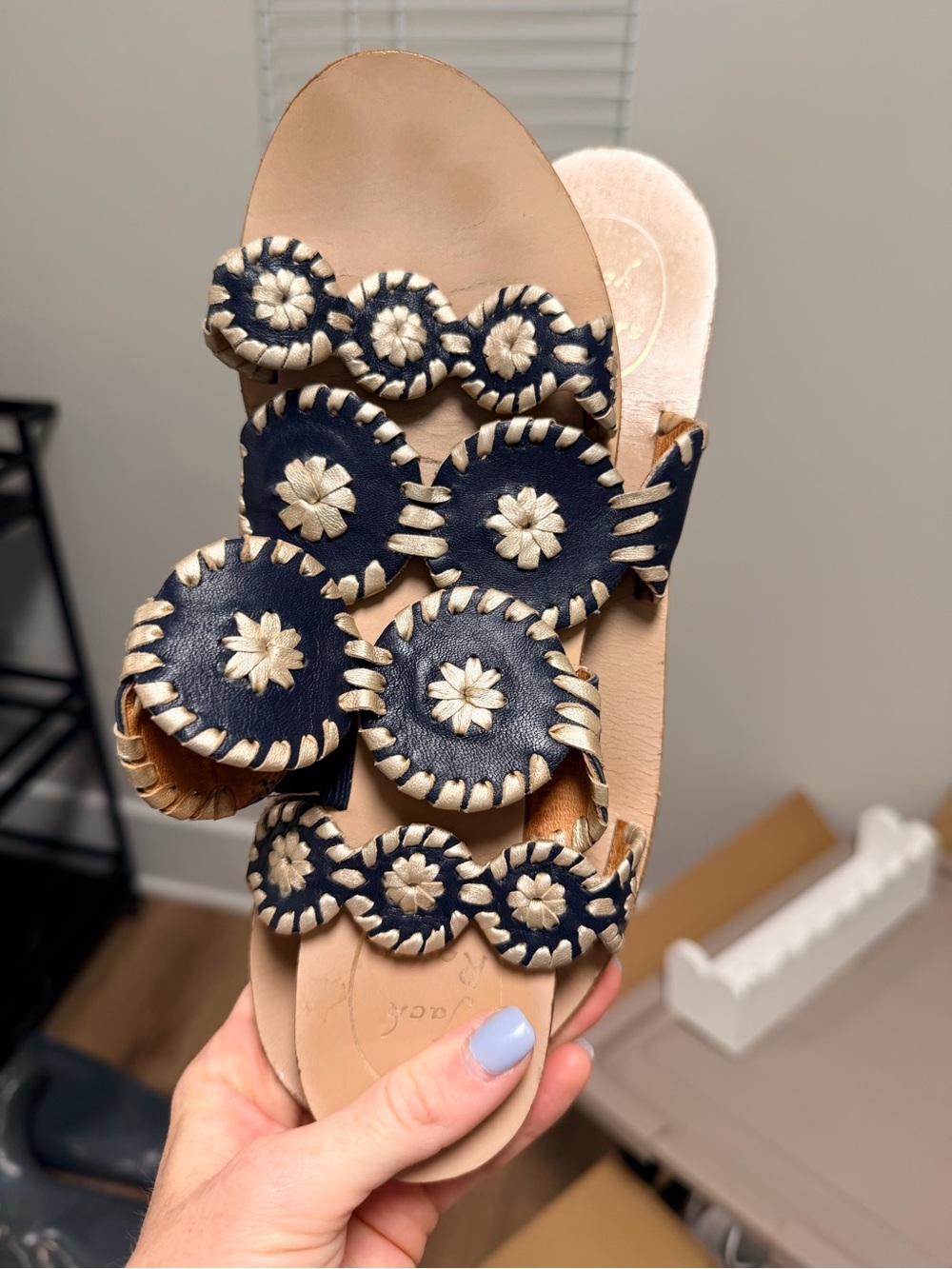 Jack Rogers Navy and Cream Whipstitch Circle Slide Sandal